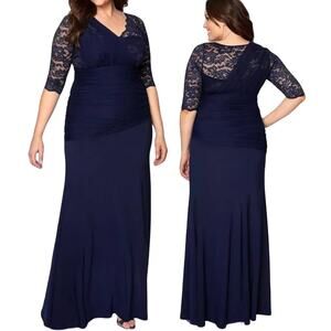 Kiyonna Soiree Evening Gown Lace Draped Maxi Dress Navy Blue NEW Womens 3X 22/24